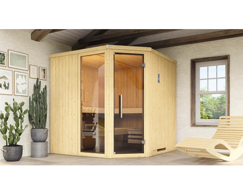 Elementsauna Weka Varberg 3 inkl. 7,5 kW Ofen u.digitaler Steuerung Bio mit Fenster und graphitfarbiger Ganzglastüre