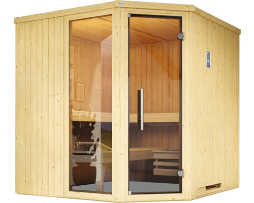 Sauna d''angle en bois avec porte en verre et panneau de commande