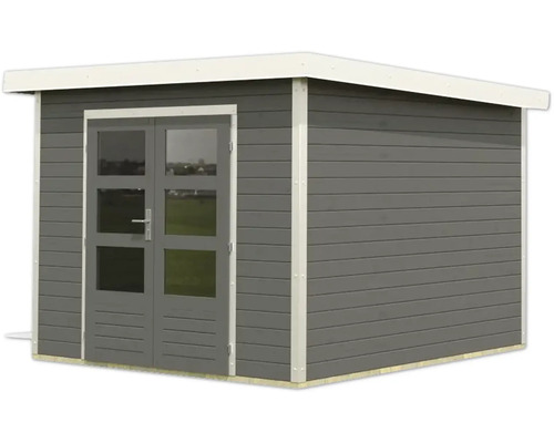 Abri de jardin gris avec double porte et fenêtres
