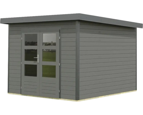 Abri de jardin gris avec double porte et fenêtres
