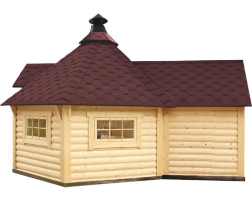 Grill Kota Finnhaus 9 de luxe B avec extension sauna, bardeaux rouges, plancher, espace barbecue 376 x 570 cm naturel