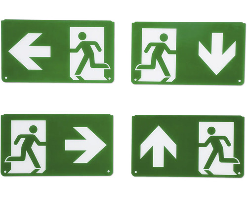 Satz von vier Rettungszeichen mit Pfeilen in verschiedene Richtungen