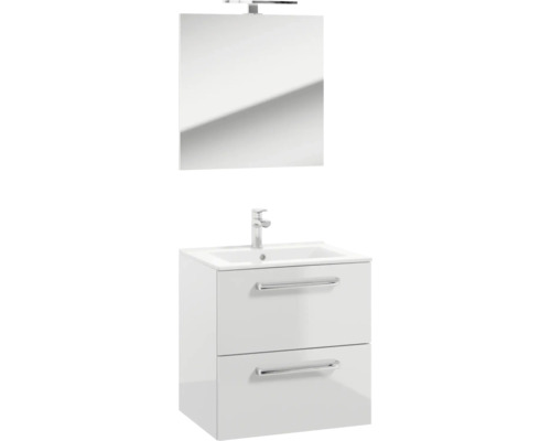 Meuble de salle de bains 4 pièces NELSON 60 x 200 x 46 cm façade blanc brillant brillant avec vasque en céramique blanc avec lavabo céramique miroir lumineux meuble bas