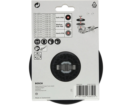 Bosch Fächerscheibe mit Größenangaben und Sicherheitshinweisen