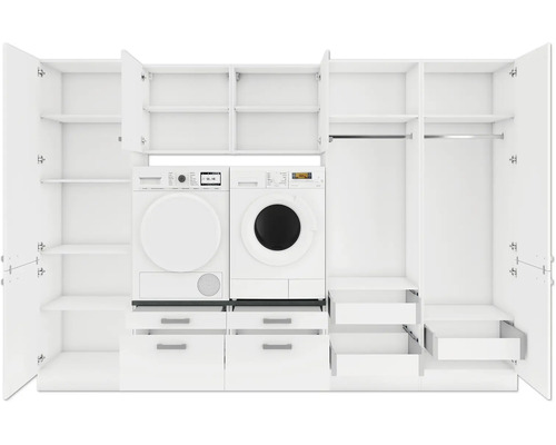 Weißer Kleiderschrank mit Waschmaschine, Trockner und offenen Türen