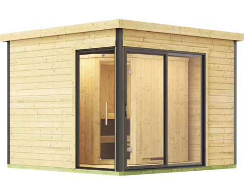 Chalet sauna Weka 412 avec poêle 7,5 kW et commande digitale avec porte entièrement vitrée couleur graphite