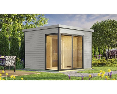 Chalet sauna Weka 412 avec poêle 7,5 kW et commande digitale avec porte entièrement vitrée couleur graphite gris clair