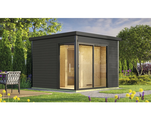 Chalet sauna Weka 412 avec poêle 7,5 kW et commande digitale avec porte entièrement vitrée couleur graphite gris graphite