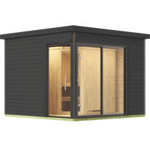 Moderne Gartensauna mit Schiebetür aus Glas und Holzverkleidung