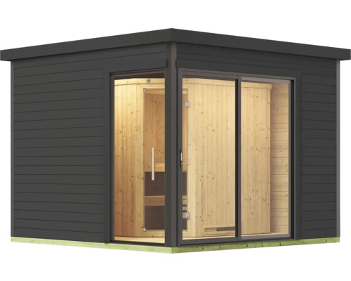 Moderne Gartensauna mit Schiebetür aus Glas und Holzverkleidung