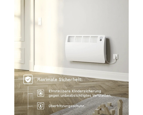 Wandkonvektor mit Kindersicherung und Überhitzungsschutz an der Wand montiert