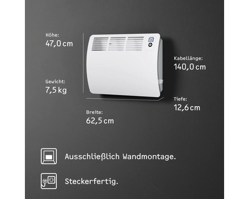 Weißer Wandkonvektor mit den Maßen Höhe 47,0 cm, Breite 62,5 cm und Tiefe 12,6 cm