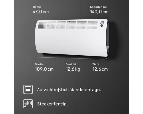 Wandkonvektor mit den Maßen 47,0 cm Höhe, 109,0 cm Breite und 12,6 cm Tiefe, Gewicht 12,6 kg, Kabellänge 140,0 cm, ausschließlich für die Wandmontage, steckerfertig