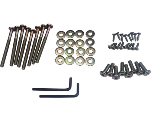 Sortiment an Schrauben, Unterlegscheiben und Inbusschlüsseln