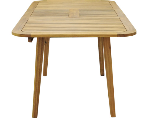 Table de jardin en bois avec plateau droit et quatre pieds.