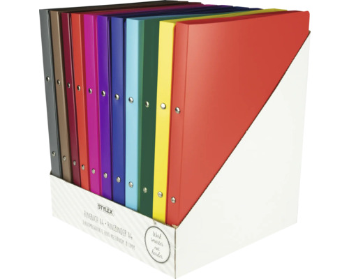 Une rangée de classeurs à anneaux A4 colorés dans une boîte de rangement.