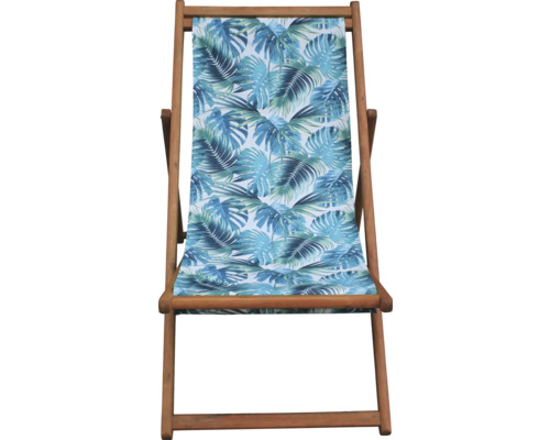 Liegestuhl aus Holz mit blauem Blättermuster