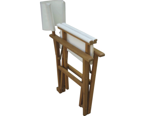 Zusammengeklappter Regiestuhl mit Holzrahmen und Stoffbespannung