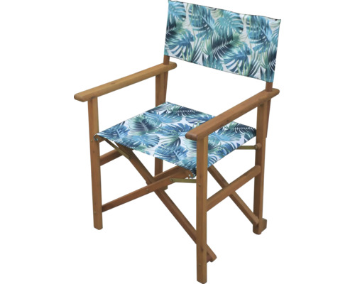 Regiestuhl aus Holz mit blau-grünem Blättermuster