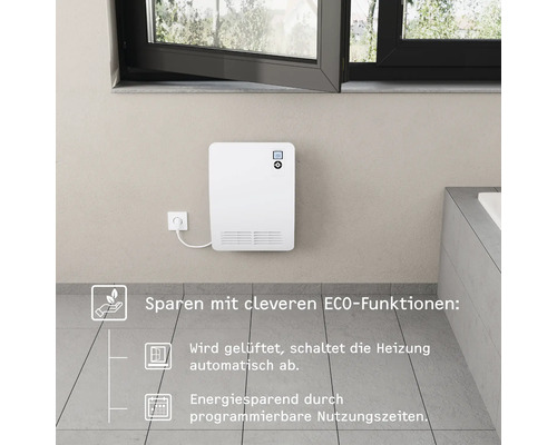 Wandkonvektor im Badezimmer mit geöffnetem Fenster für energiesparendes Heizen