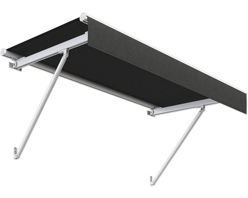 Store banne à bras articulés avec revêtement en tissu et cadre blanc