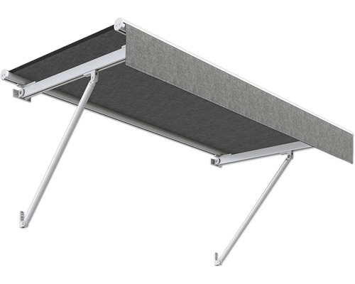 Store banne à bras articulés avec toile grise et structure blanche