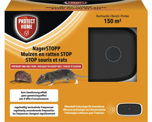 Dispositif anti-rongeurs Nagerstop Protect Home à ultrasons pour l'intérieur 150 m² Emballage Nagerstopp pour chasser les souris et les rats pour les espaces intérieurs jusqu''à 150 mètres carrés