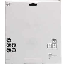 Verpackungsrückseite mit Symbolen für Augenschutz, Gehörschutz, Handschuhe, Atemschutz und Bedienungsanleitung sowie Bosch Logo