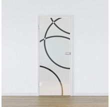 Porte en verre avec motif circulaire devant un mur blanc