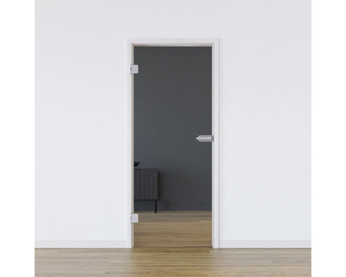Porte vitrée Pertura set complet Freia Clear 584x2085x8 mm gauche y compris ferrure Jonte Studio Business non verrouillable Porte en verre avec ferrures et cadre de porte dans un mur