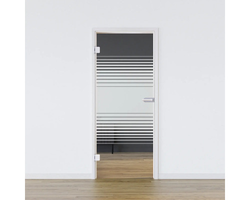 Porte vitrée Pertura set complet Glera Strata 709x2097x8 mm gauche y compris ferrure Jonte Studio Business non verrouillable Porte en verre avec rayures horizontales dans l''encadrement de porte