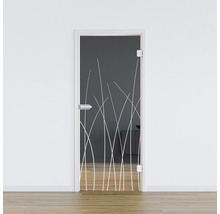 Porte en verre avec décor d''herbes dans un cadre blanc