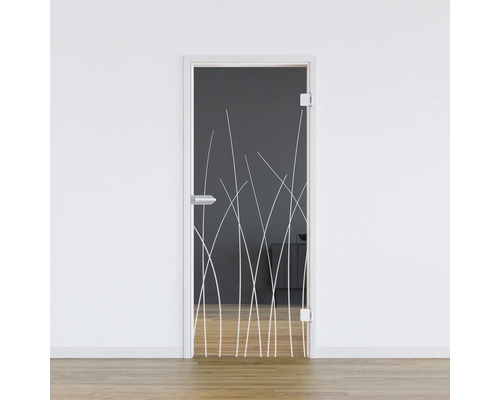 Porte vitrée Pertura Glera Reeds 01 584 x 1960 x 8 mm droite pour ferrure Studio Office Porte en verre avec décor d''herbes dans un cadre blanc