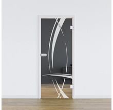 Porte en verre avec motif abstrait dans une pièce lumineuse