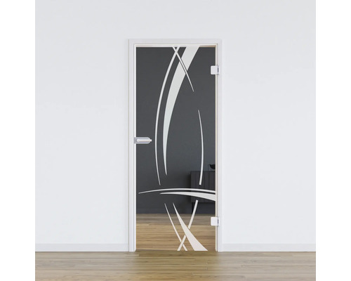 Porte vitrée Pertura Glera Tangle 01 709 x 1960 x 8 mm droite pour ferrure Studio Office Porte en verre avec motif abstrait dans une pièce lumineuse