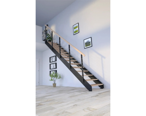 Escalier à limon latéral Pertura Libra hêtre bois lamellé-collé sans contremarches revêtu par poudre limon latéral noir droit 85 cm 10 marches / 11 pas de marche garde-corps à barres verticales Escalier à limon latéral Pertura Libra hêtre bois lamellé-collé sans contremarches revêtu par poudre limon latéral noir droit 85 cm 10 marches / 11 pas de marche garde-corps à barres verticales