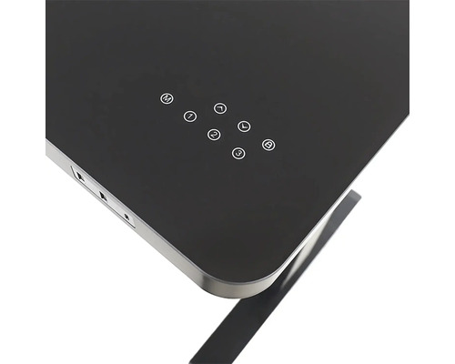 Detailansicht eines schwarzen Schreibtisches mit Bedienelementen