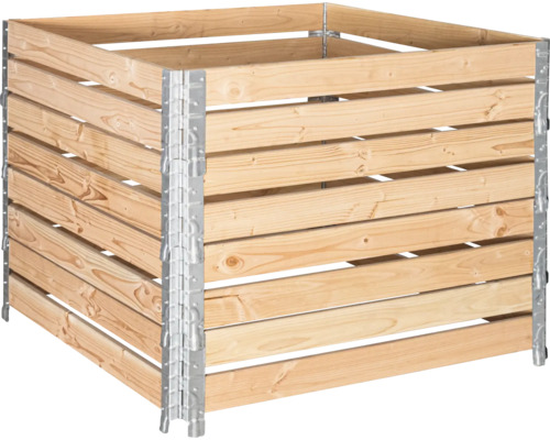 Composteur en lattes de bois avec raccords métalliques