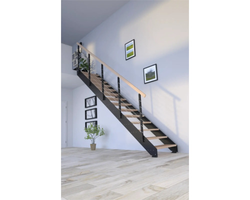 Escalier à limon latéral Pertura Libra hêtre bois lamellé-collé sans contremarches revêtu par poudre limon latéral noir droit 85 cm 12 marches / 13 pas de marche garde-corps à barres verticales Escalier à limon latéral Pertura Libra hêtre bois lamellé-collé sans contremarches revêtu par poudre limon latéral noir droit 85 cm 12 marches / 13 pas de marche garde-corps à barres verticales