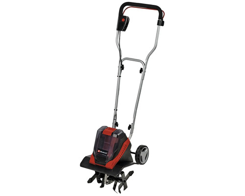 Motobineuse sans fil Einhell GE-CR 30 Li avec batterie 2x18V/3Ah et chargeur Cultivateur à batterie avec poignée réglable et roues.