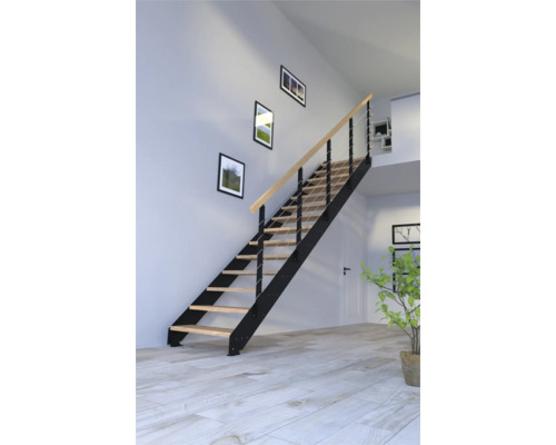 Vue d''une pièce avec un escalier avec des marches en bois et une rampe en métal