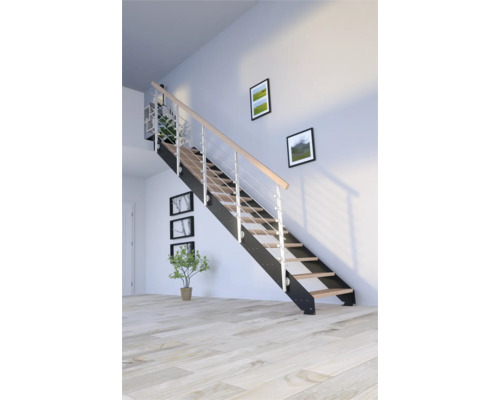 Escalier à limon latéral Pertura Libra hêtre bois lamellé-collé sans contremarches revêtu par poudre limon latéral noir droit 87 cm 16 marches / 17 pas de marche garde-corps à barres verticales Escalier à limon latéral Pertura Libra hêtre bois lamellé-collé sans contremarches revêtu par poudre limon latéral noir droit 87 cm 16 marches / 17 pas de marche garde-corps à barres verticales