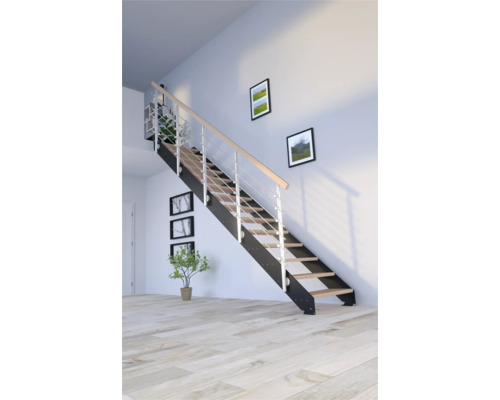 Escalier à limon latéral Pertura Libra hêtre bois lamellé-collé sans contremarches revêtu par poudre limon latéral noir droit 107 cm 16 marches / 17 pas de marche garde-corps à barres verticales Escalier à limon latéral Pertura Libra hêtre bois lamellé-collé sans contremarches revêtu par poudre limon latéral noir droit 107 cm 16 marches / 17 pas de marche garde-corps à barres verticales