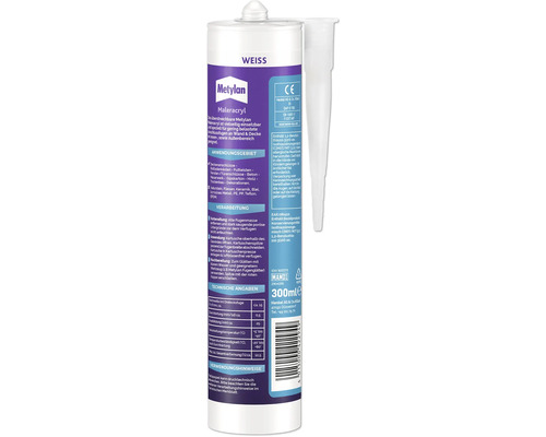 Mastic acrylique de peintre Metyylan blanc, cartouche de 300 ml avec buse