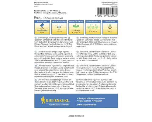Paquet de graines Eros Chicorium Endivia avec des informations sur le semis, la profondeur de semis, la germination, la distance et la récolte