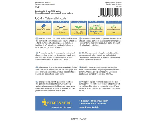 La gala mâche se sème de janvier à décembre, profondeur de semis d''environ 0,5 à 1 cm, germination après 7 à 14 jours, espacement entre les rangs d''environ 15 cm, récolte d''octobre à décembre. Kiepenkerl Logo