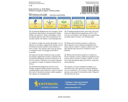 Sachet de graines de pourpier d''hiver avec des informations sur le semis, la profondeur de semis, la germination, l''espacement et la récolte