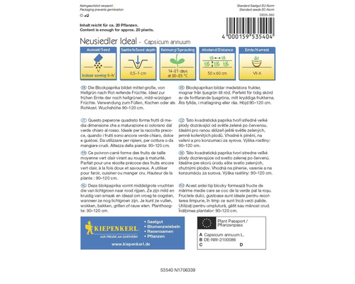 Samentüte Neusiedler Ideal Blockpaprika, Capsicum annuum mit Informationen zu Aussaat, Keimung, Abstand und Ernte