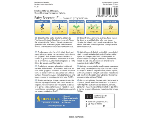 Emballage de graines de tomates Baby Boomer F1 de Kiepenkerl avec des informations sur la période de plantation, la profondeur de semis, la germination, l''espacement et la période de récolte