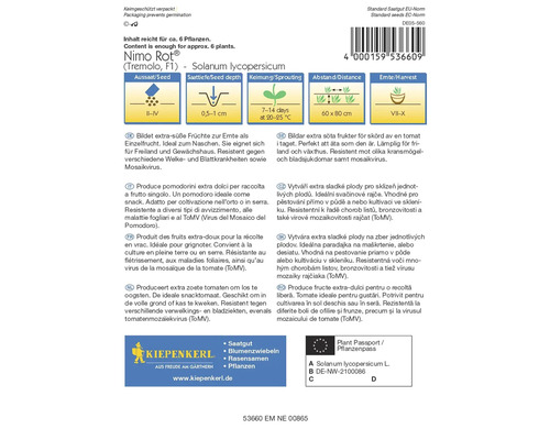 Paquet de graines Nimo Rot Tremolo F1 Solanum lycopersicum avec informations sur le semis, la profondeur de semis, la germination, la distance et la période de récolte